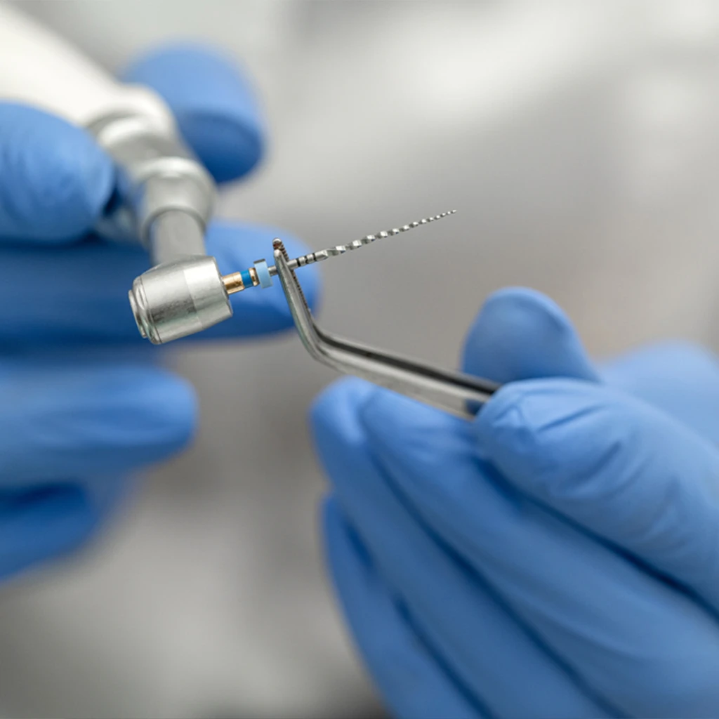 Dentista a segurar equipamentos dentários com luvas de proteção azuis